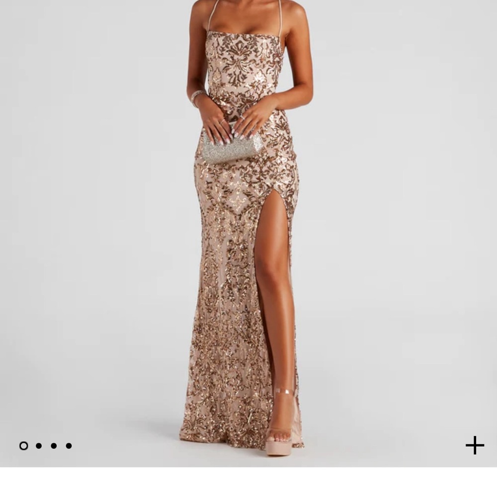 Floor length gold sequin dress